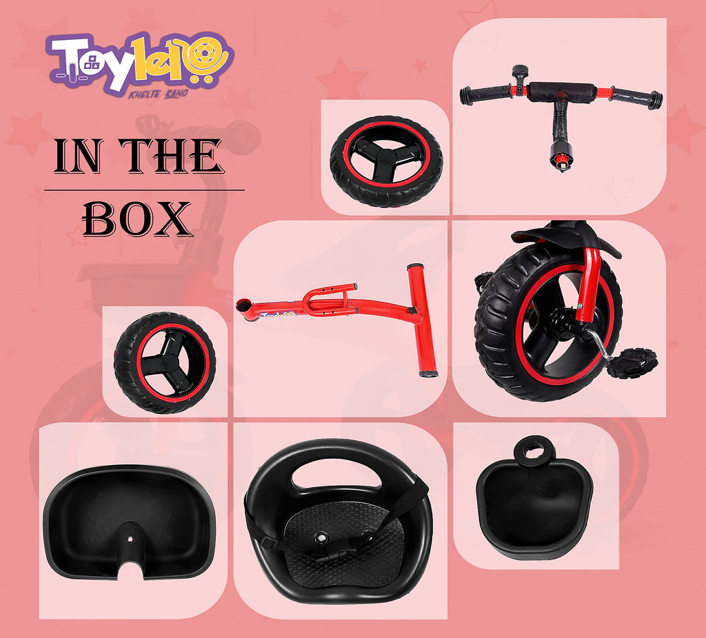 TOYLELO Tricycle for Kids 2-5 Years | 3 Wheel Trike with Parent Push Handle, Safety Harness & Storage Basket | Kids First Bike, Baby Trike for Boys & Girls (Red)