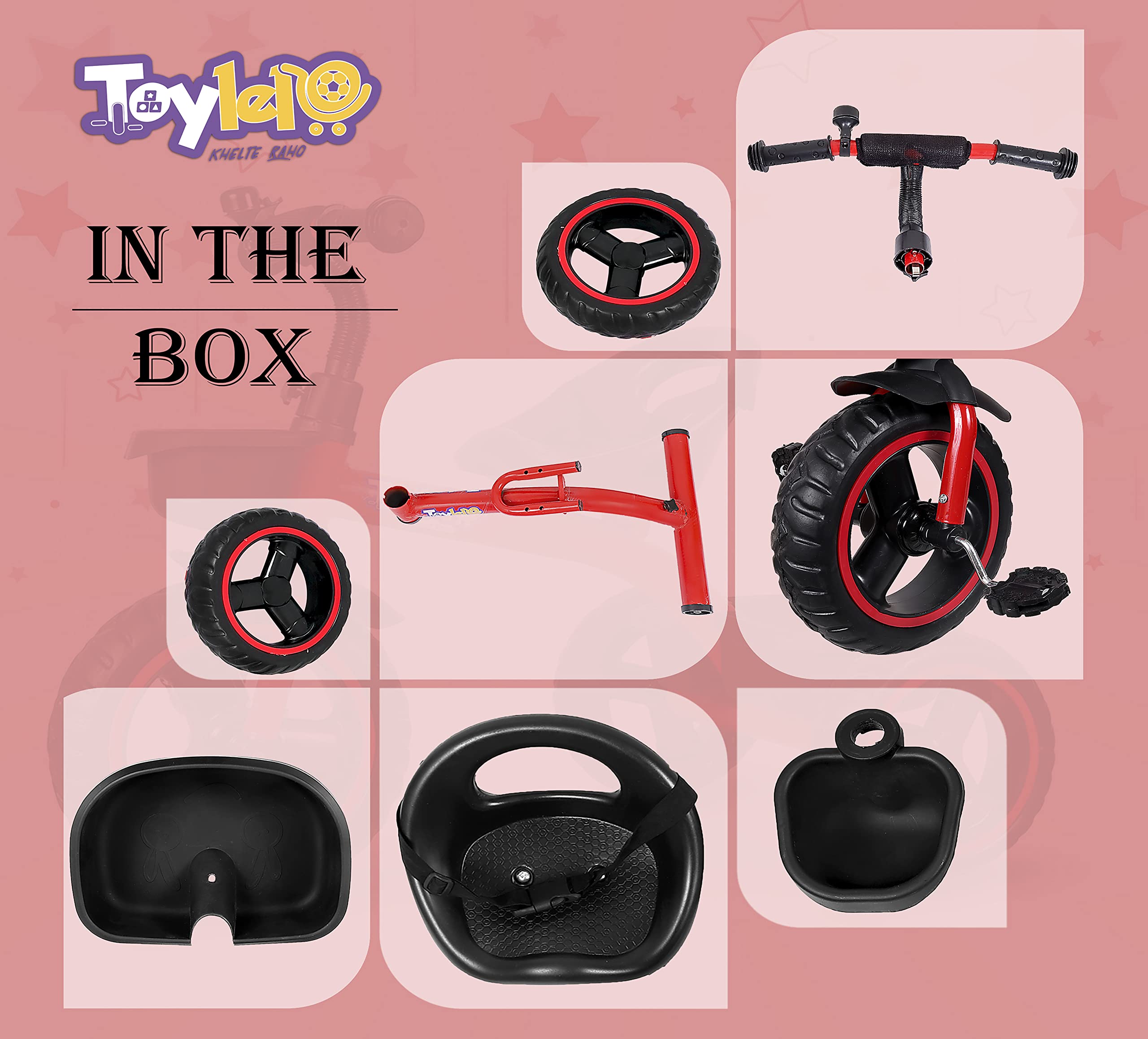 TOYLELO Tricycle for Kids 2-5 Years | 3 Wheel Trike with Parent Push Handle, Safety Harness & Storage Basket | Kids First Bike, Baby Trike for Boys & Girls (Red)
