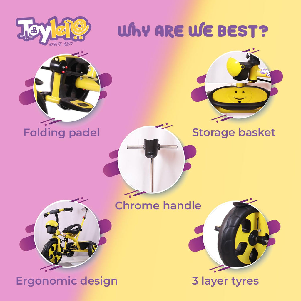 TOYLELO® Trike on 3 Wheels with Safety Harness, Non-Slip Pedal, Storage Basket and Removable Parent Handle, Chrome Handle (Yellow)