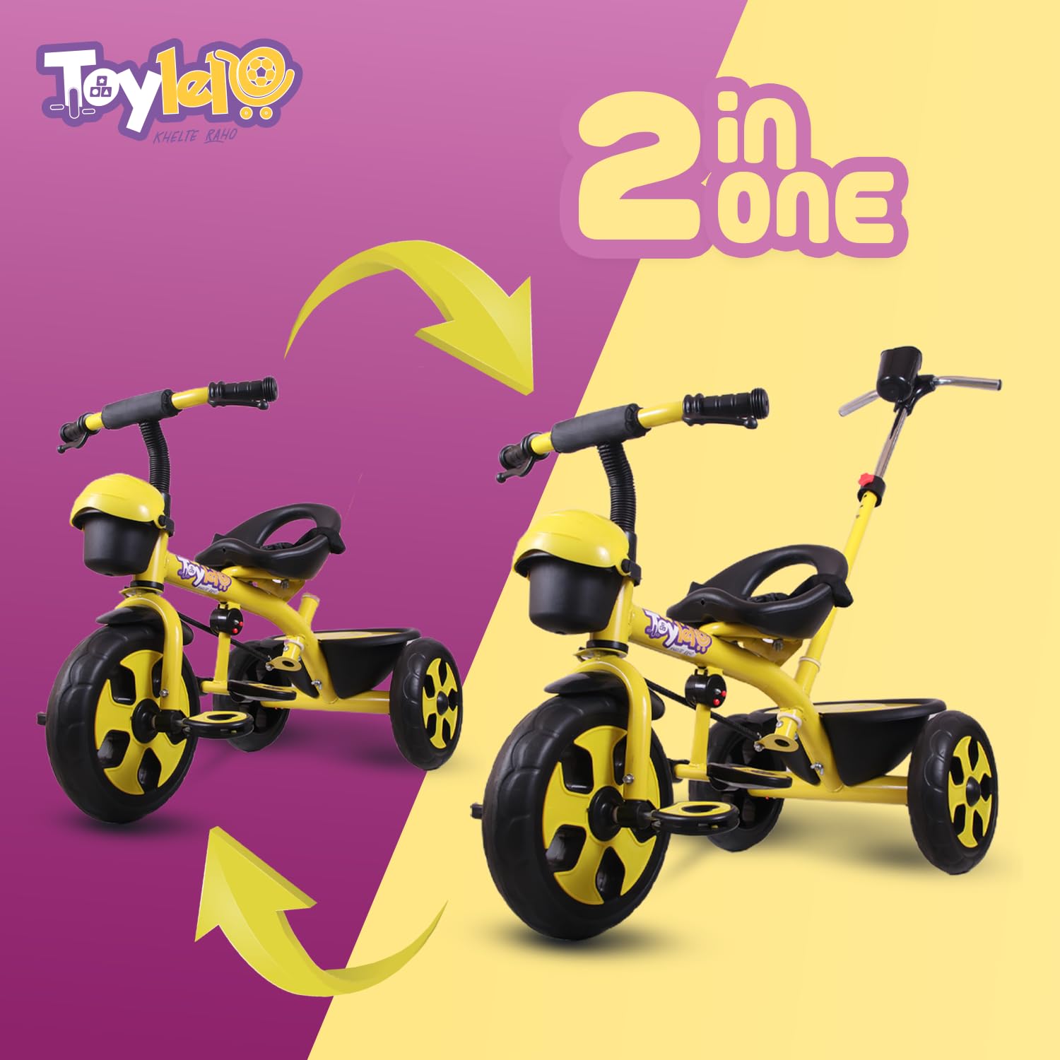 TOYLELO® Trike on 3 Wheels with Safety Harness, Non-Slip Pedal, Storage Basket and Removable Parent Handle, Chrome Handle (Yellow)