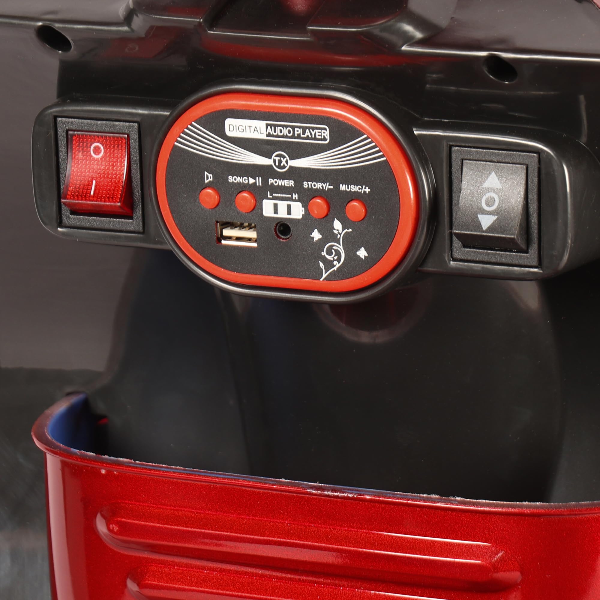 TOYLELO Swiggie Kids Electric Scooter, 3-8 Years, Rechargeable Battery, BT Audio Player, LED Lights, Rear Storage, Foot Brake, 3 Wheels,Luxe RED