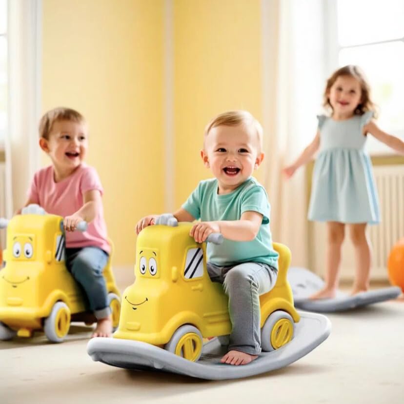 Toylelo 3-in-1 Ride-On Toy, Rocker & Balance Board for Kids | BIS & EN71 Certified Plastic Push Toy for Toddlers 1–5 Years | Safe Design with Ergonomic Backrest | Indoor Outdoor Play, Yellow