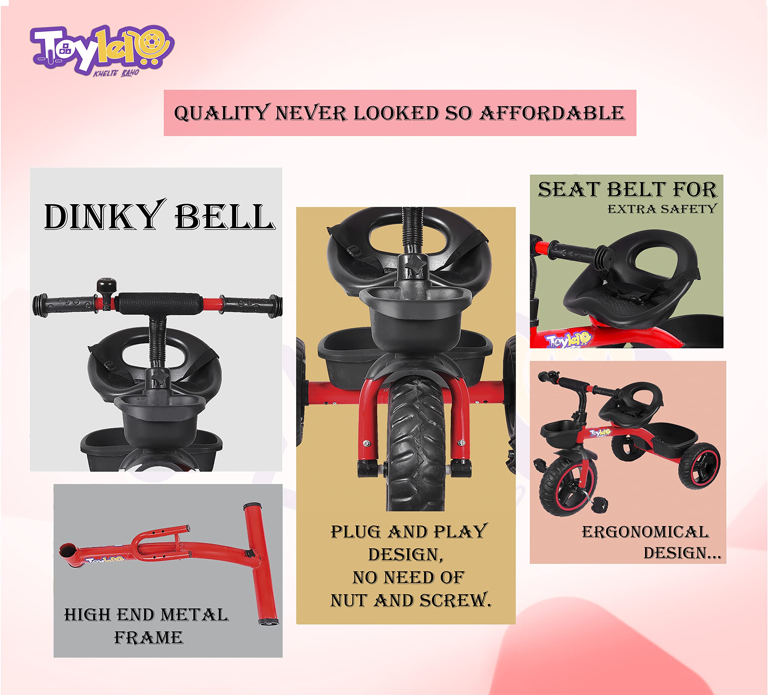 TOYLELO Tricycle for Kids 2-5 Years | 3 Wheel Trike with Parent Push Handle, Safety Harness & Storage Basket | Kids First Bike, Baby Trike for Boys & Girls (Red)
