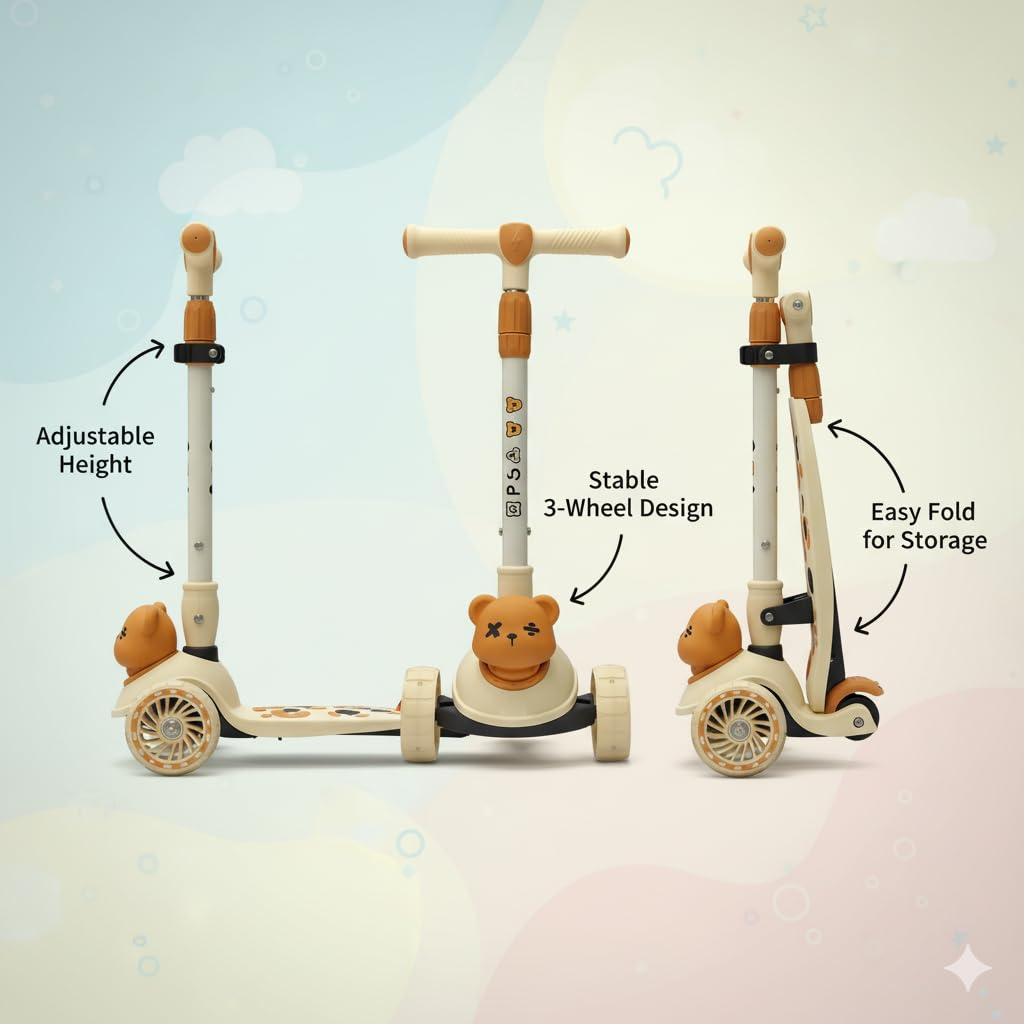TOYLELO 3-in-1 Kick Scooter for Kids 2-5 Years | Adjustable Height, Safe Foldable Skating Cycle | Bear Face Design Scooter for Toddlers | Boys & Girls (Beige/Orange)