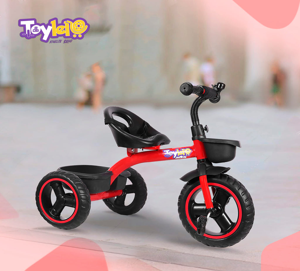 TOYLELO® Trike on 3 Wheels with Safety Harness, Non-Slip Pedal, Storage Basket and Removable Parent Handle, Chrome Handle (Red)