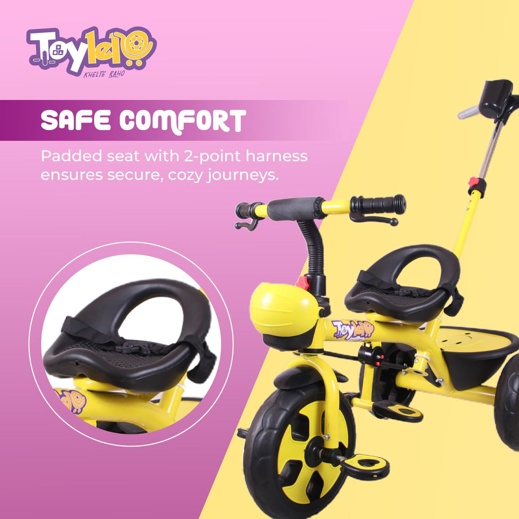 TOYLELO® Trike on 3 Wheels with Safety Harness, Non-Slip Pedal, Storage Basket and Removable Parent Handle, Chrome Handle (Yellow)