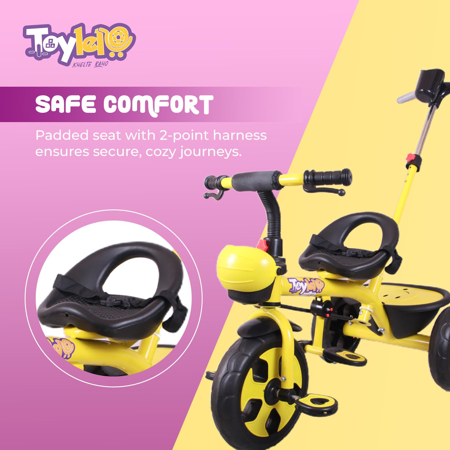 TOYLELO® Trike on 3 Wheels with Safety Harness, Non-Slip Pedal, Storage Basket and Removable Parent Handle, Chrome Handle (Yellow)