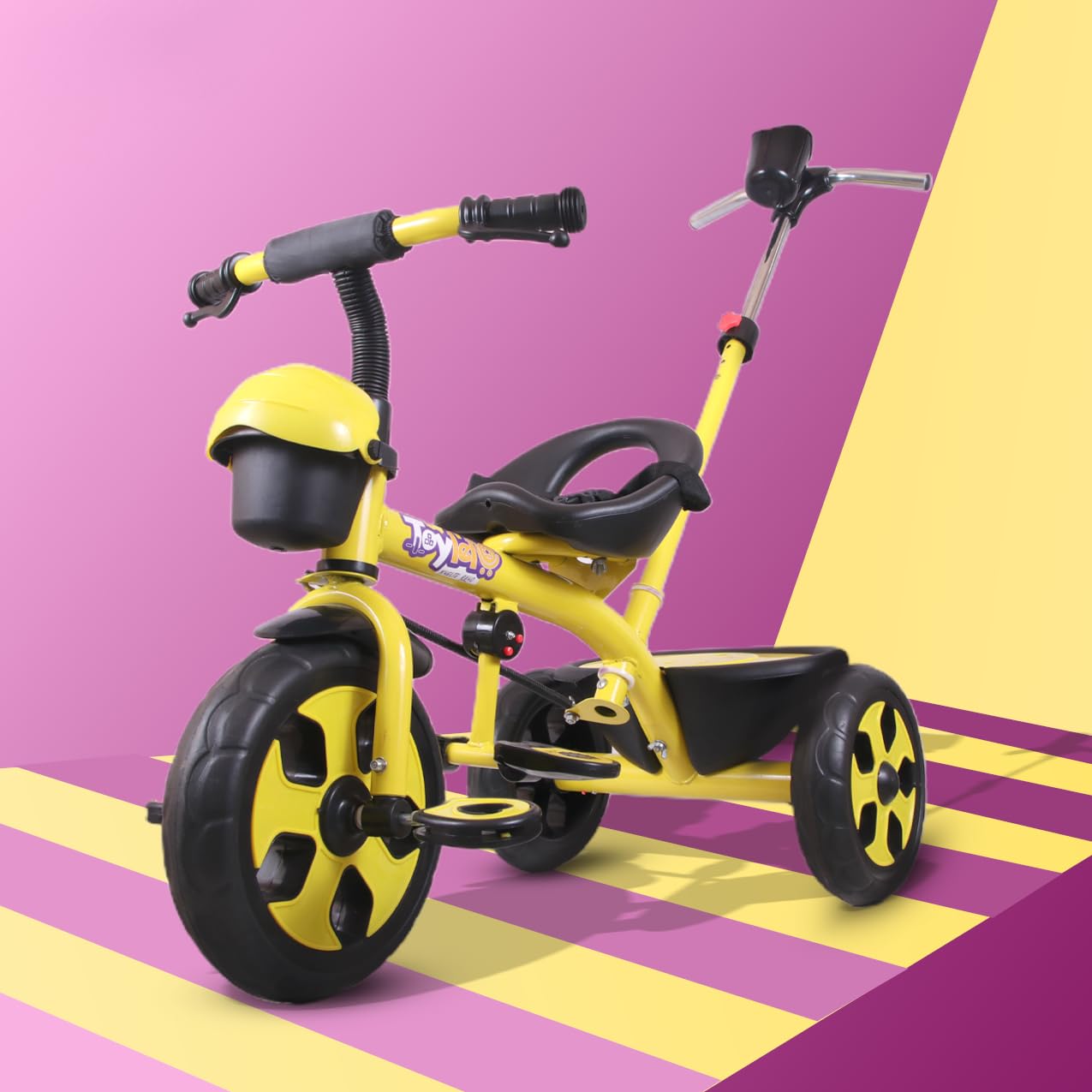 TOYLELO® Trike on 3 Wheels with Safety Harness, Non-Slip Pedal, Storage Basket and Removable Parent Handle, Chrome Handle (Yellow)