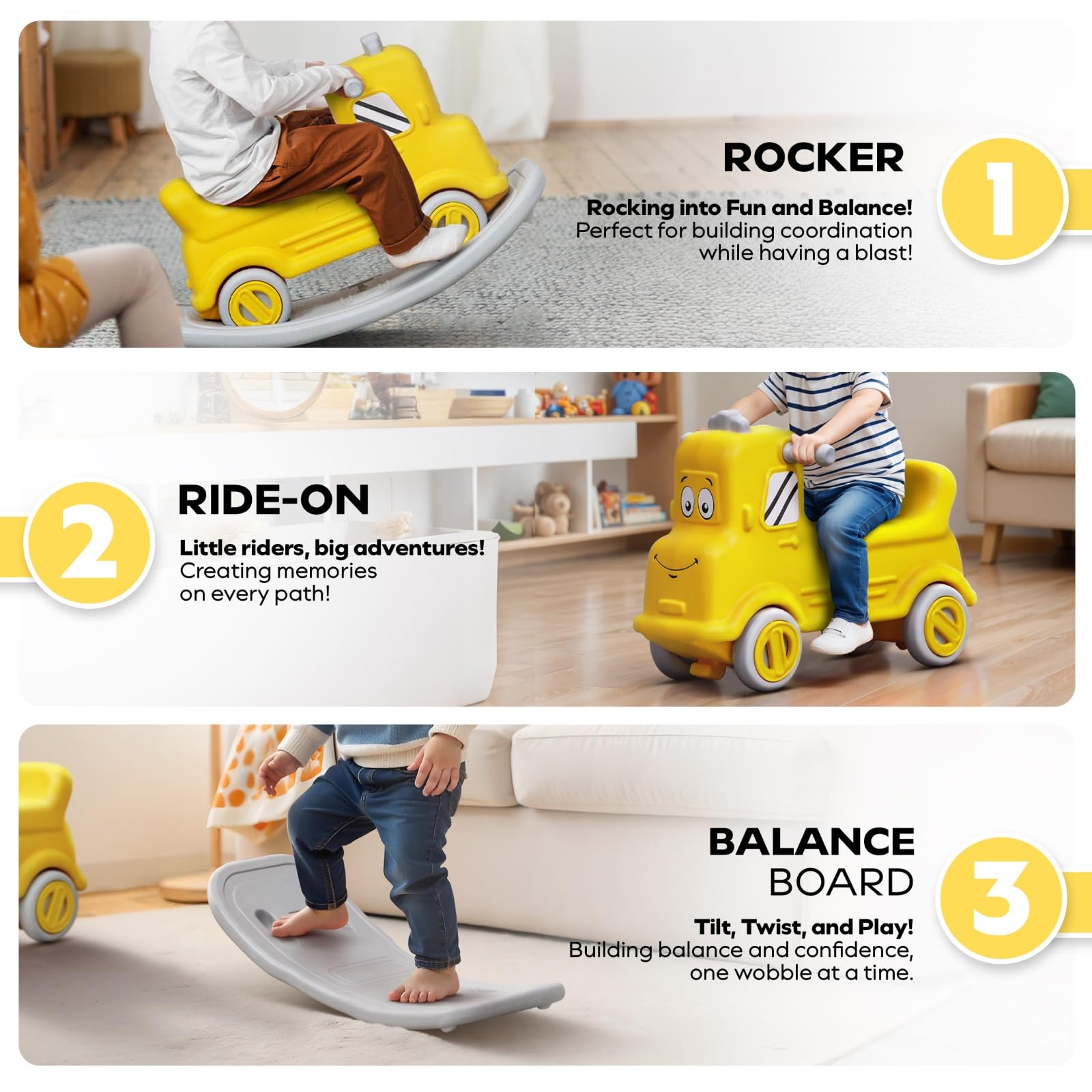 Toylelo 3-in-1 Ride On Toy for Toddlers 1-5 Years | Convertible Kids Push Car, Gentle Rocker & Balance Board | Indoor Outdoor Riding Toy for Boys & Girls (Sturdy Yellow)