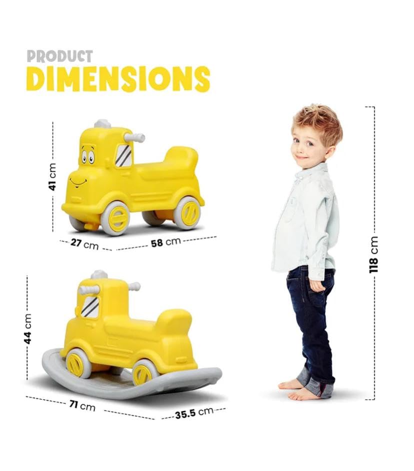 Toylelo 3-in-1 Ride-On Toy, Rocker & Balance Board for Kids | BIS & EN71 Certified Plastic Push Toy for Toddlers 1–5 Years | Safe Design with Ergonomic Backrest | Indoor Outdoor Play, Yellow