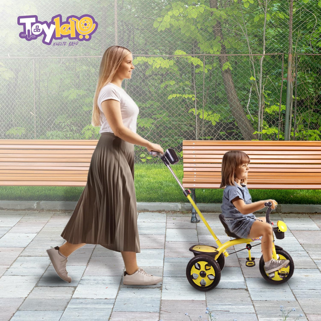 TOYLELO® Trike on 3 Wheels with Safety Harness, Non-Slip Pedal, Storage Basket and Removable Parent Handle, Chrome Handle (Yellow)