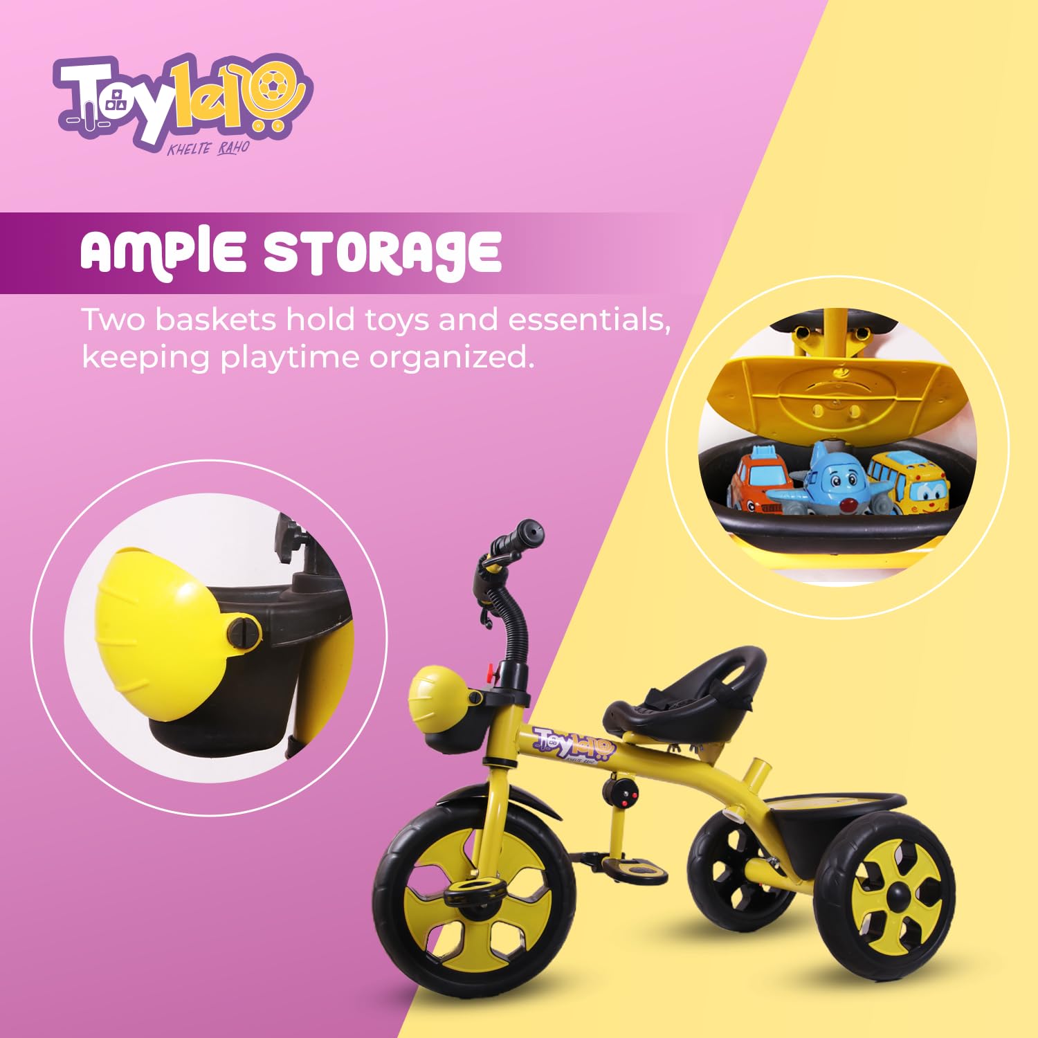 TOYLELO® Trike on 3 Wheels with Safety Harness, Non-Slip Pedal, Storage Basket and Removable Parent Handle, Chrome Handle (Yellow)