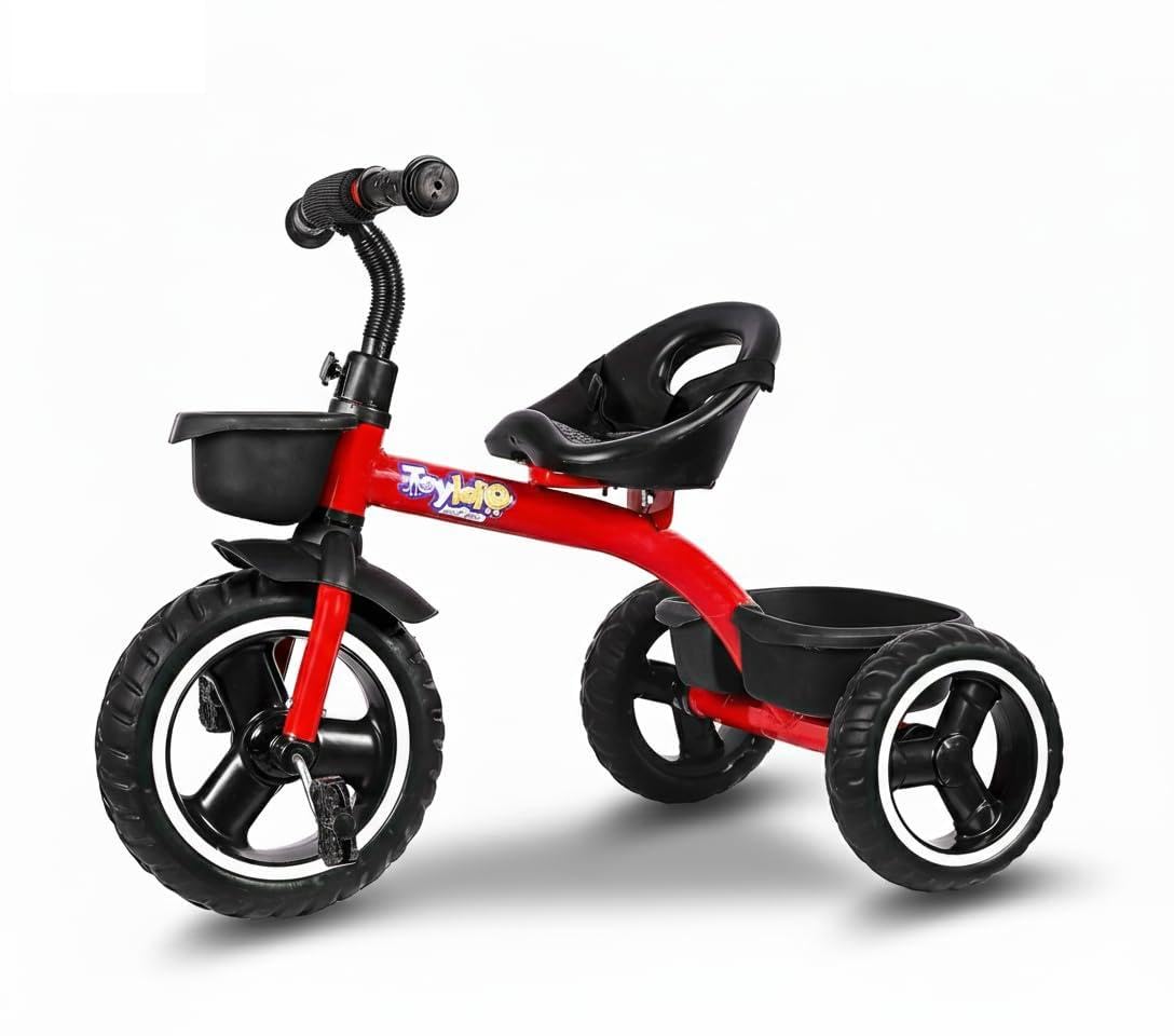 TOYLELO® Trike on 3 Wheels with Safety Harness, Non-Slip Pedal, Storage Basket and Removable Parent Handle, Chrome Handle (Red)