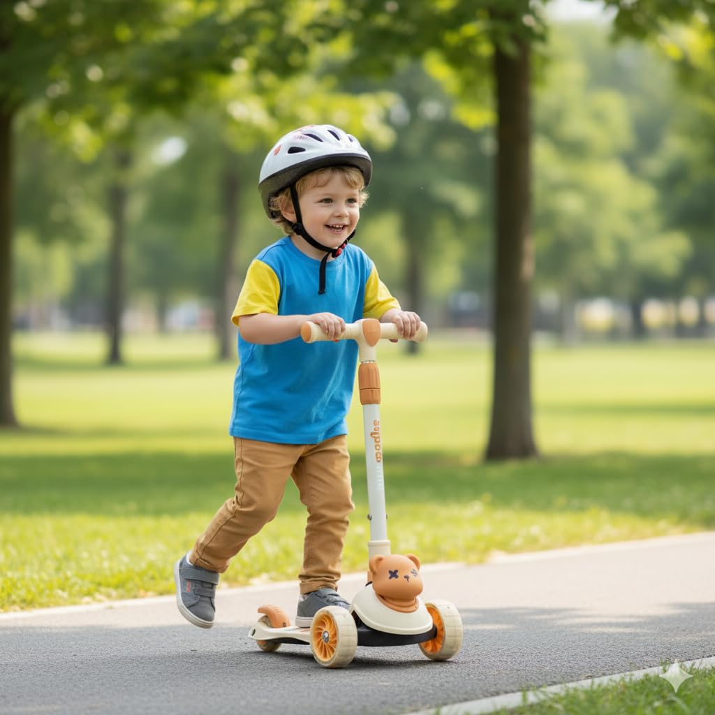 TOYLELO 3-in-1 Kick Scooter for Kids 2-5 Years | Adjustable Height, Safe Foldable Skating Cycle | Bear Face Design Scooter for Toddlers | Boys & Girls (Beige/Orange)