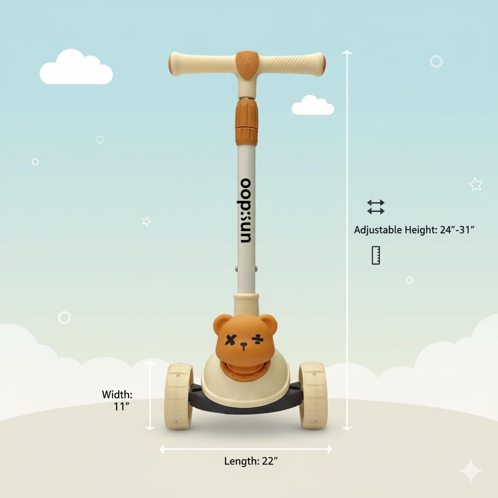 TOYLELO 3-in-1 Kick Scooter for Kids 2-5 Years | Adjustable Height, Safe Foldable Skating Cycle | Bear Face Design Scooter for Toddlers | Boys & Girls (Beige/Orange)