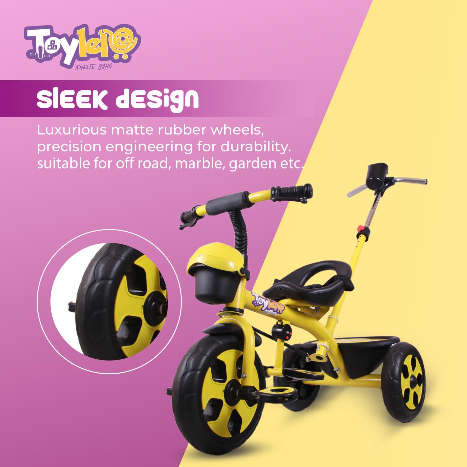 TOYLELO® Trike on 3 Wheels with Safety Harness, Non-Slip Pedal, Storage Basket and Removable Parent Handle, Chrome Handle (Yellow)