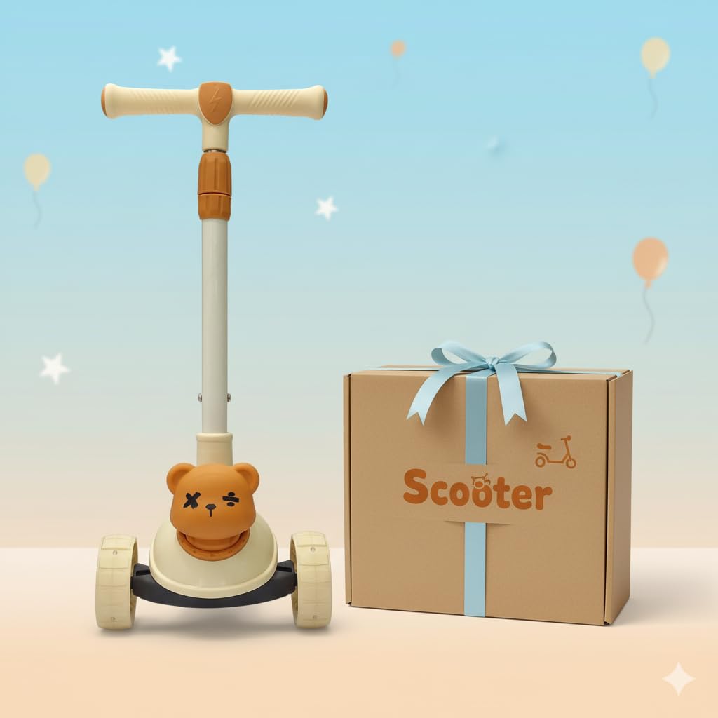 TOYLELO 3-in-1 Kick Scooter for Kids 2-5 Years | Adjustable Height, Safe Foldable Skating Cycle | Bear Face Design Scooter for Toddlers | Boys & Girls (Beige/Orange)