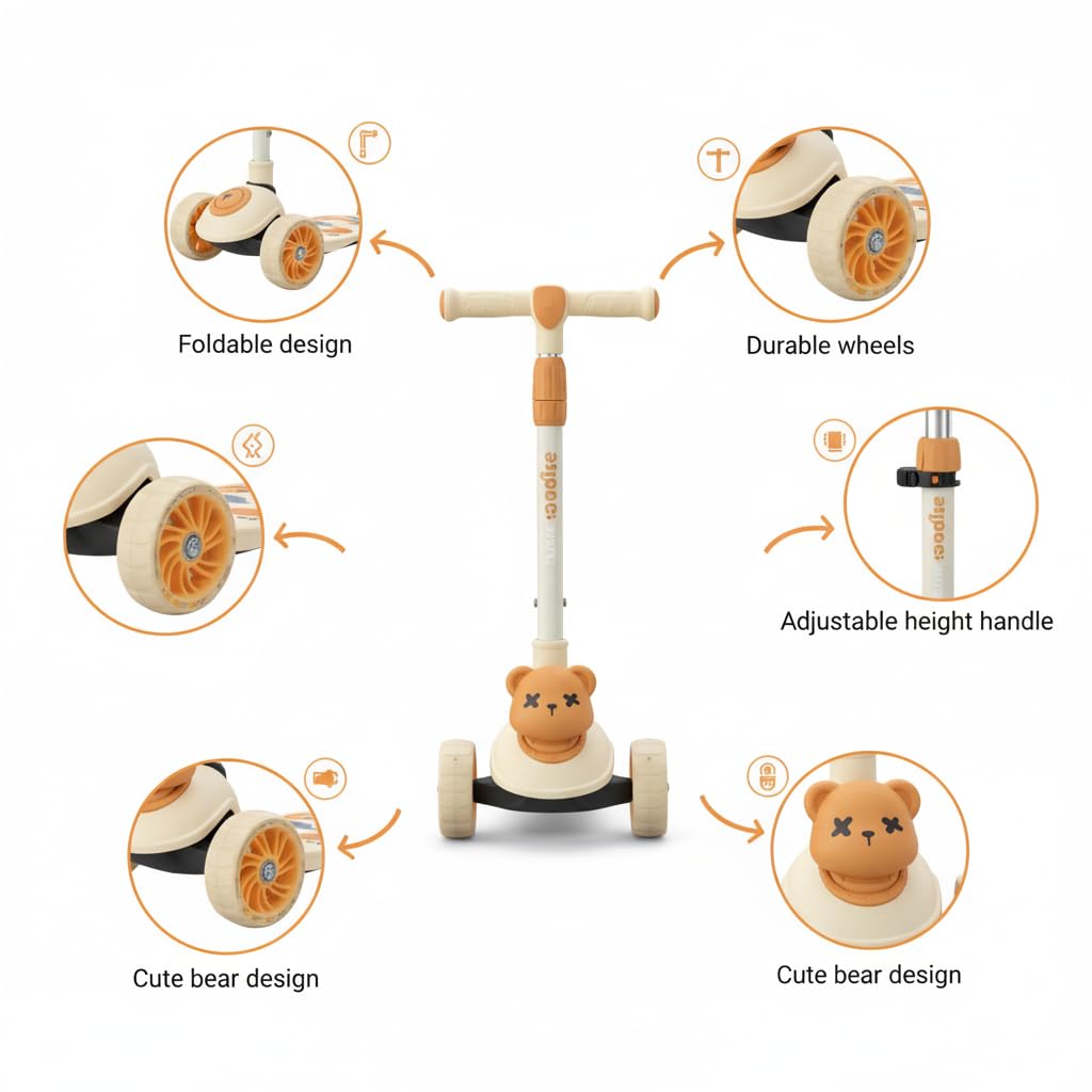 TOYLELO 3-in-1 Kick Scooter for Kids 2-5 Years | Adjustable Height, Safe Foldable Skating Cycle | Bear Face Design Scooter for Toddlers | Boys & Girls (Beige/Orange)