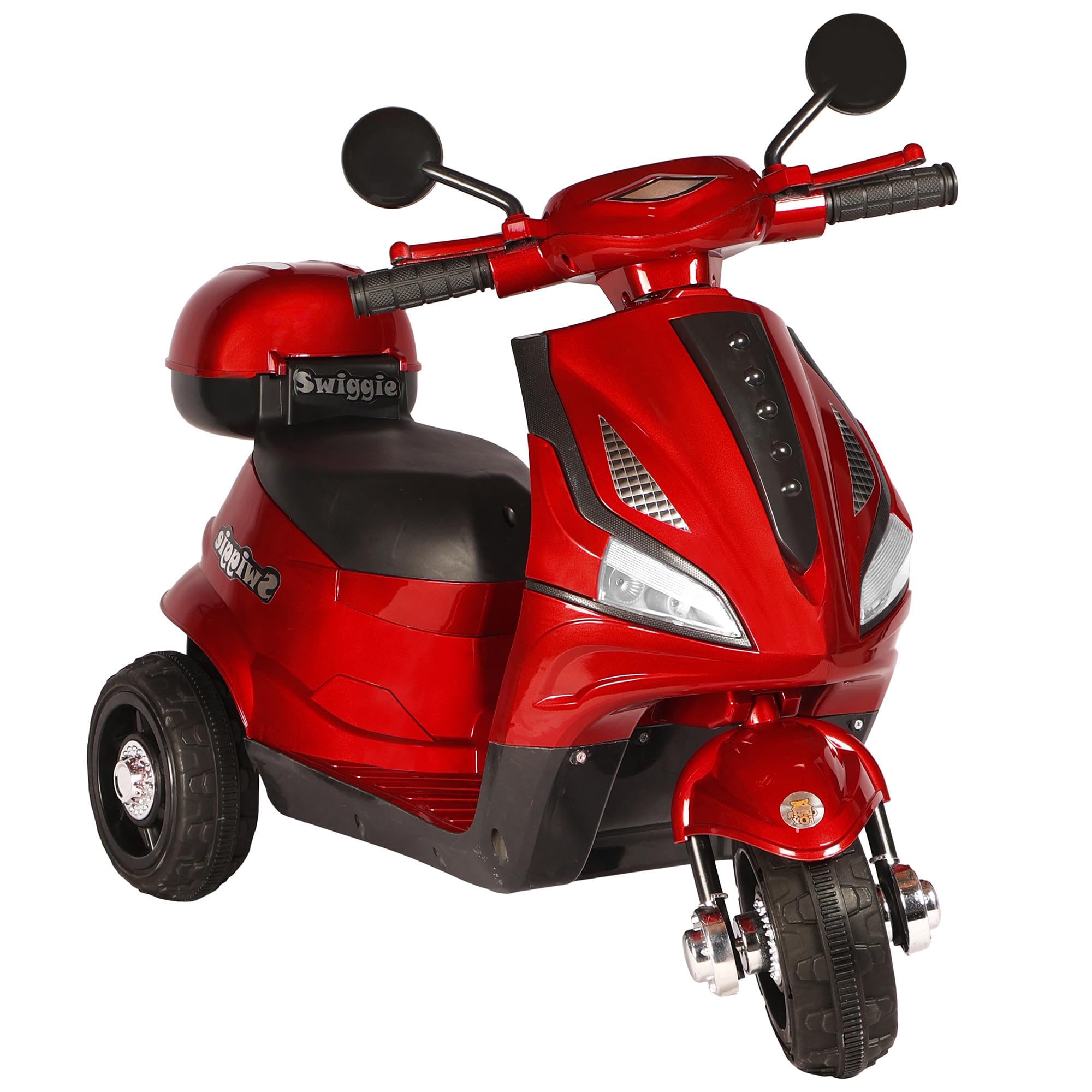 TOYLELO Swiggie Kids Electric Scooter, 3-8 Years, Rechargeable Battery, BT Audio Player, LED Lights, Rear Storage, Foot Brake, 3 Wheels,Red (Luxe RED)