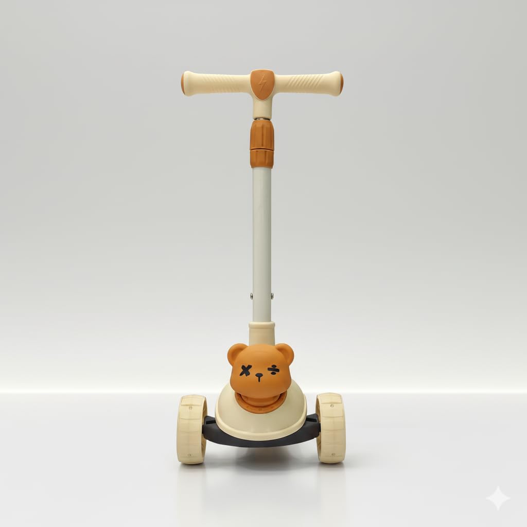 TOYLELO 3-in-1 Kick Scooter for Kids 2-5 Years | Adjustable Height, Safe Foldable Skating Cycle | Bear Face Design Scooter for Toddlers | Boys & Girls (Beige/Orange)