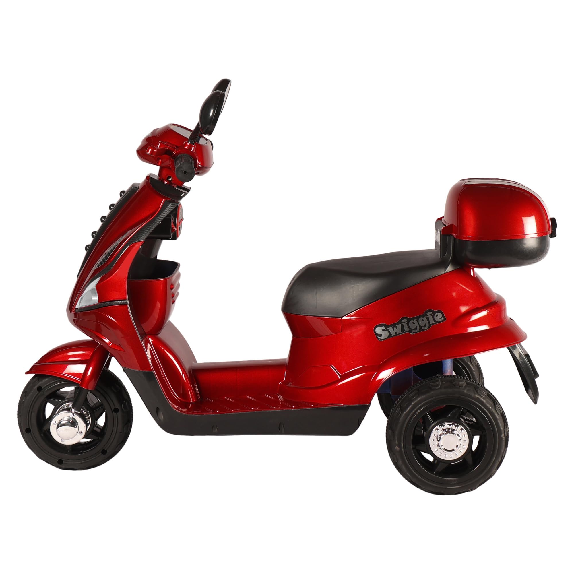 TOYLELO Swiggie Kids Electric Scooter, 3-8 Years, Rechargeable Battery, BT Audio Player, LED Lights, Rear Storage, Foot Brake, 3 Wheels,Luxe RED
