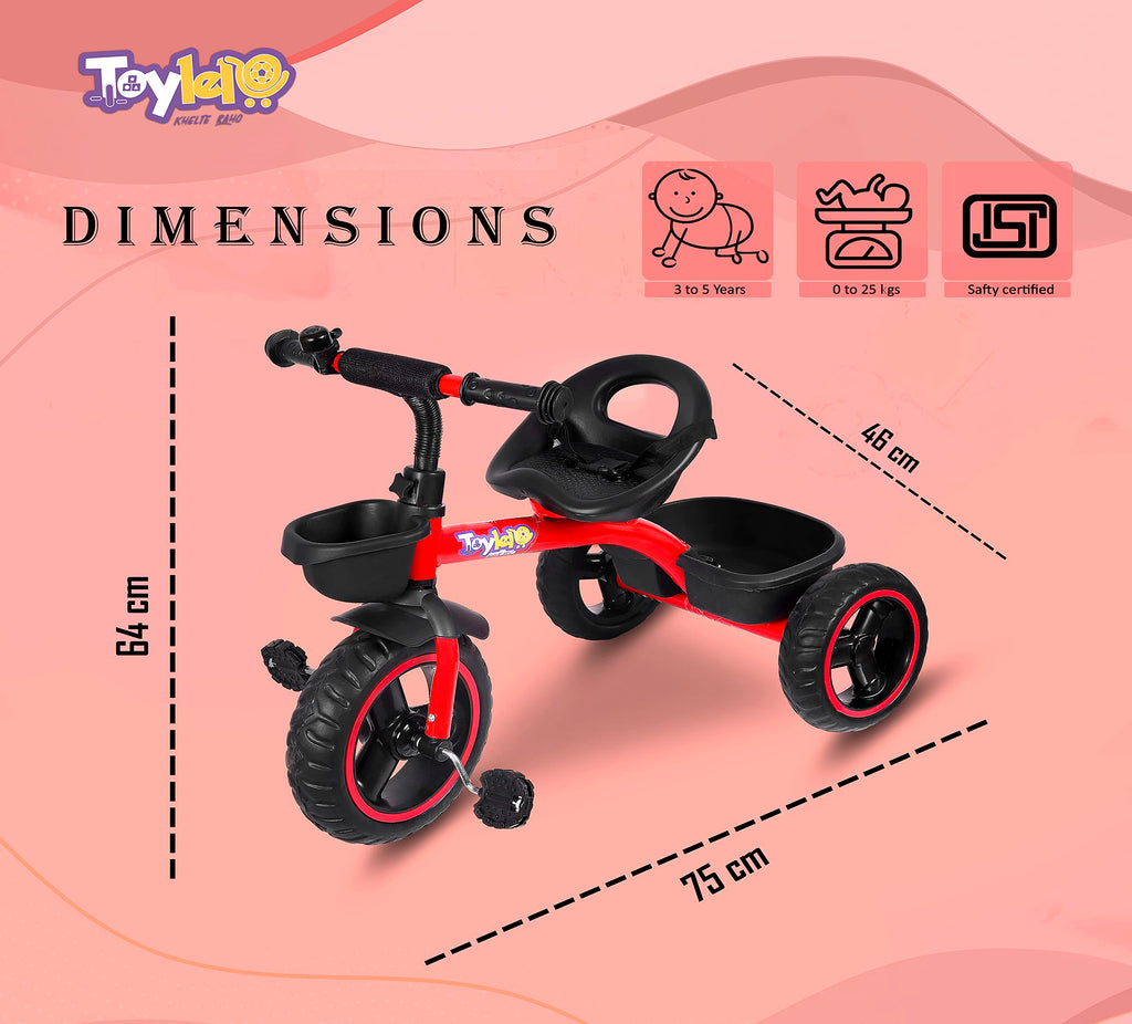 TOYLELO® Trike on 3 Wheels with Safety Harness, Non-Slip Pedal, Storage Basket and Removable Parent Handle, Chrome Handle (Red)