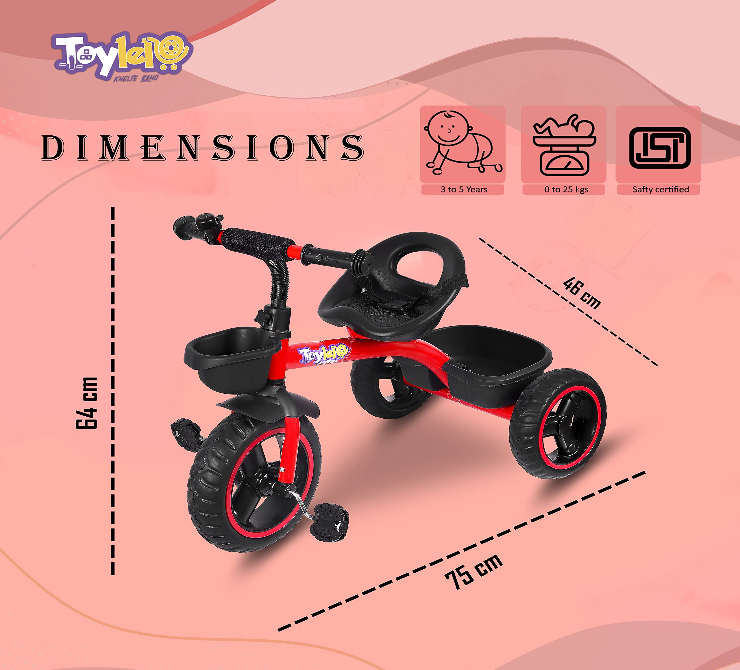 TOYLELO® Trike on 3 Wheels with Safety Harness, Non-Slip Pedal, Storage Basket and Removable Parent Handle, Chrome Handle (Red)