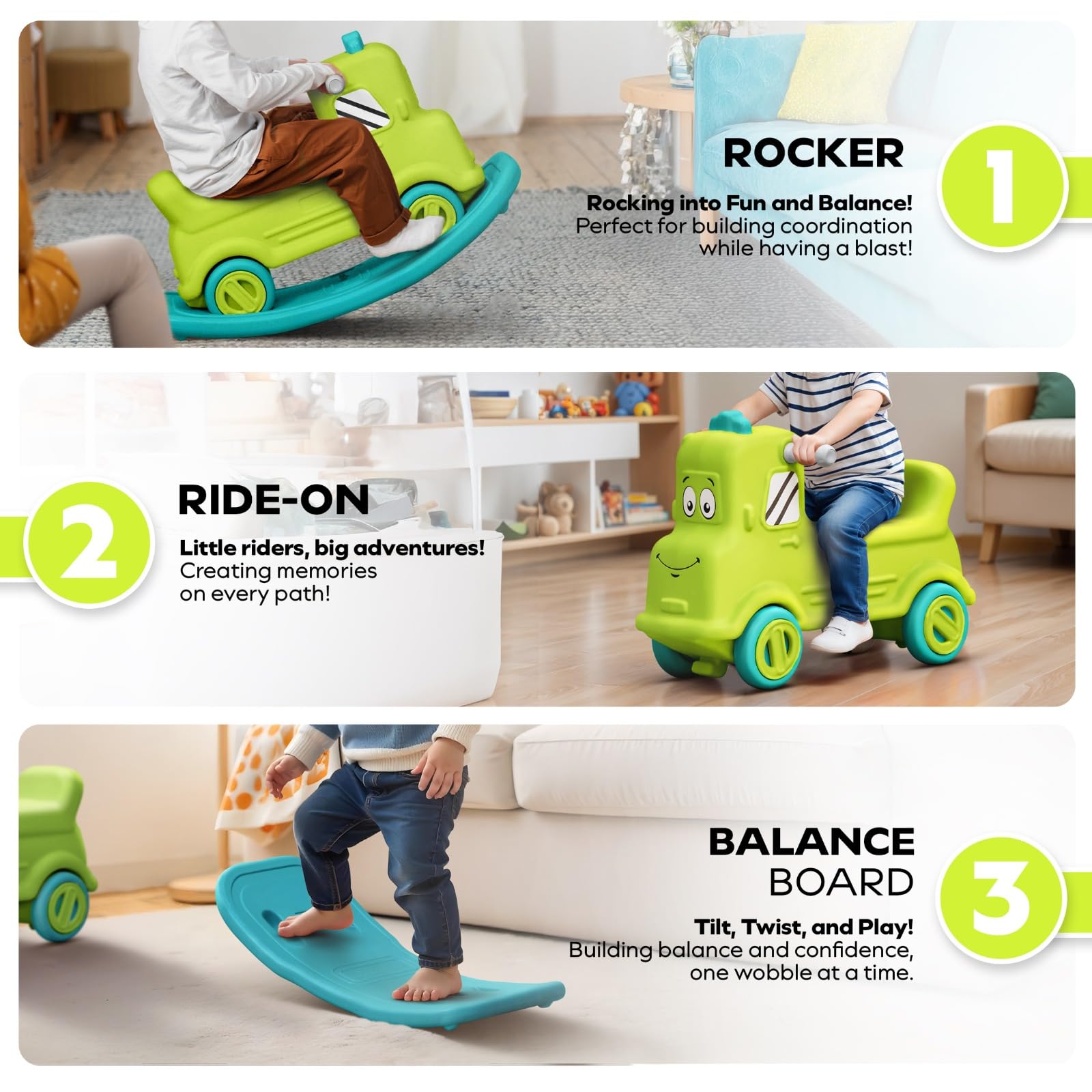 Toylelo 3-in-1 Toddler Ride On Toy | Promotes Balance & Motor Skills | Converts from Push Car to Rocker & Balance Board for Kids 1-5 Years (Green)