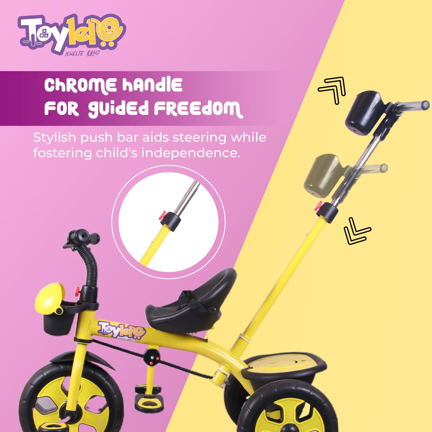 TOYLELO® Trike on 3 Wheels with Safety Harness, Non-Slip Pedal, Storage Basket and Removable Parent Handle, Chrome Handle (Yellow)
