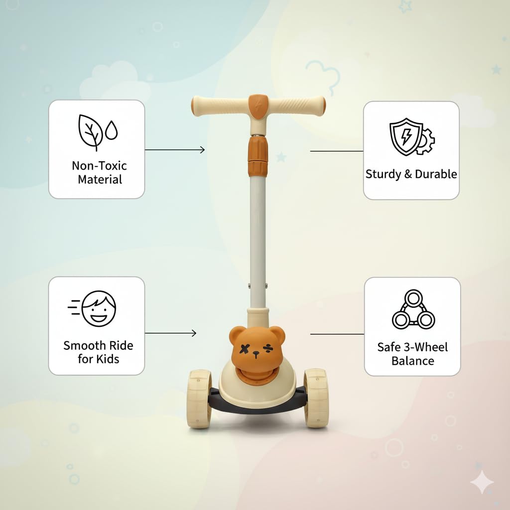 TOYLELO 3-in-1 Kick Scooter for Kids 2-5 Years | Adjustable Height, Safe Foldable Skating Cycle | Bear Face Design Scooter for Toddlers | Boys & Girls (Beige/Orange)