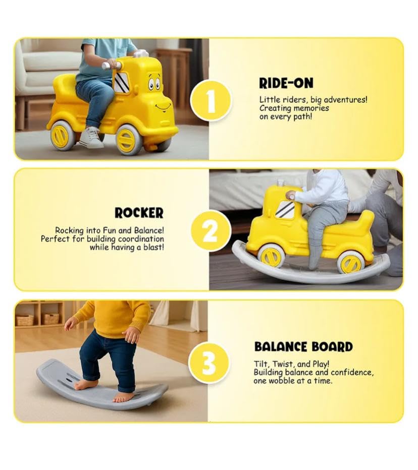 Toylelo 3-in-1 Ride-On Toy, Rocker & Balance Board for Kids | BIS & EN71 Certified Plastic Push Toy for Toddlers 1–5 Years | Safe Design with Ergonomic Backrest | Indoor Outdoor Play, Yellow