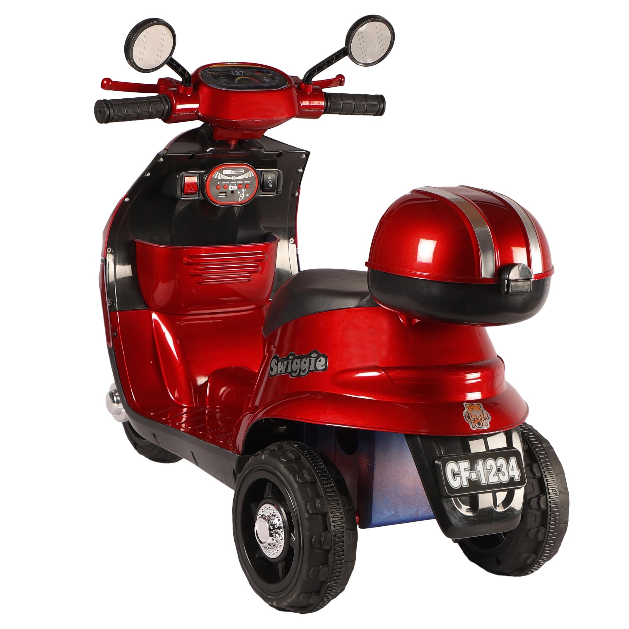 TOYLELO Swiggie Kids Electric Scooter, 3-8 Years, Rechargeable Battery, BT Audio Player, LED Lights, Rear Storage, Foot Brake, 3 Wheels,Luxe RED