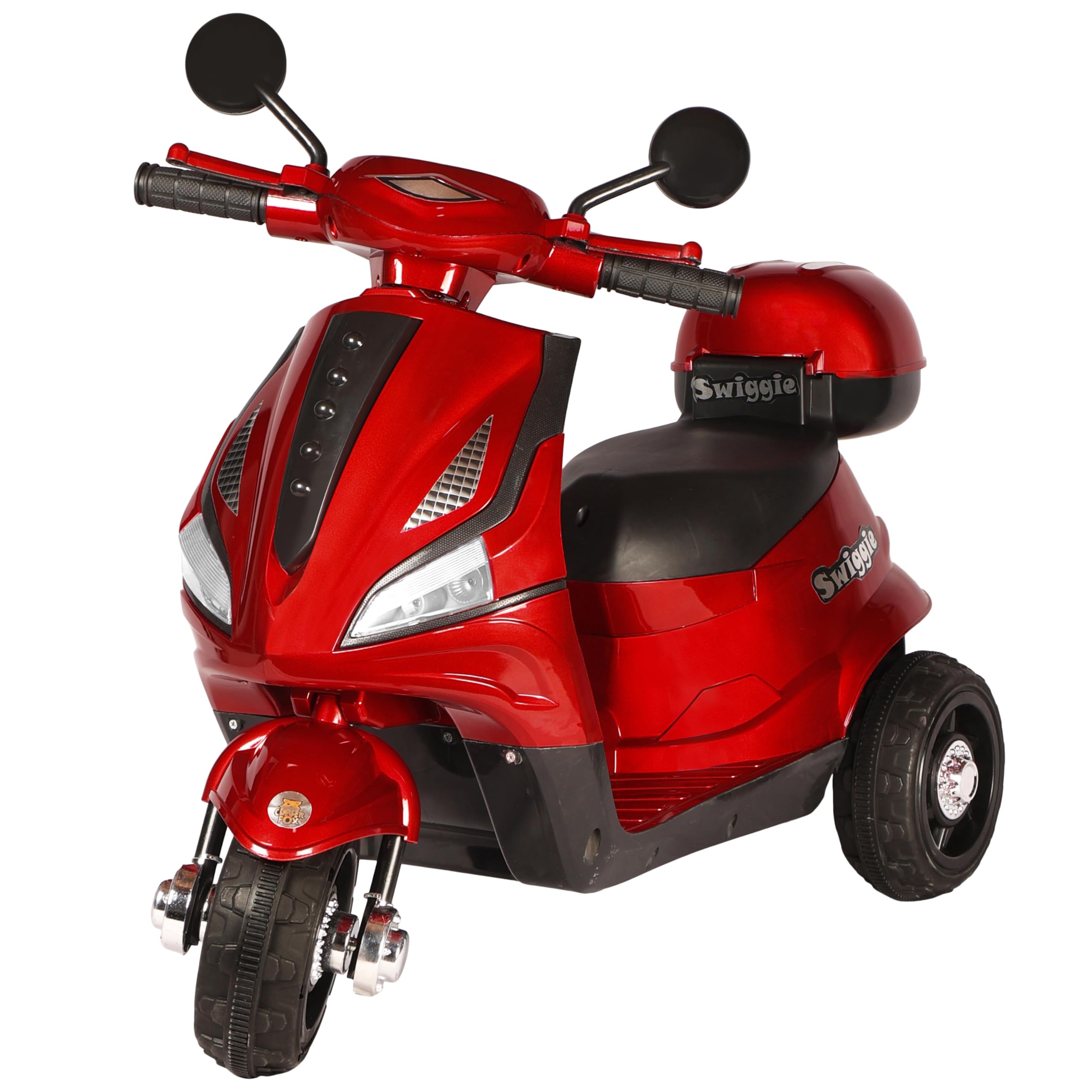 TOYLELO Swiggie Kids Electric Scooter, 3-8 Years, Rechargeable Battery, BT Audio Player, LED Lights, Rear Storage, Foot Brake, 3 Wheels,Luxe RED